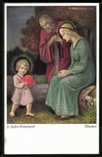 Künstler-AK Hans Huber-Sulzemoos: Heilige Familie, Jesus-Kind mit Blumenstrauss
