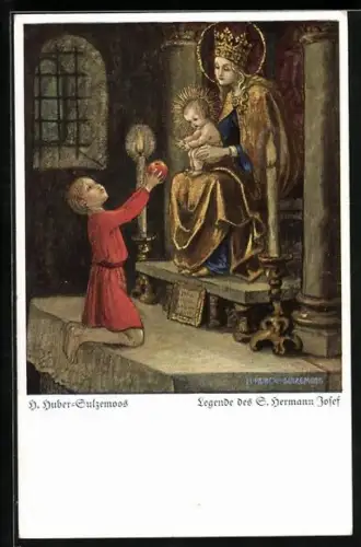 Künstler-AK Hans Huber-Sulzemoos: Junge reicht dem Jesuskind einen Apfel