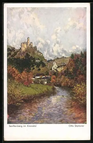Künstler-AK Senftenberg im Kremstal, Ortschaft vom Fluss aus gesehen