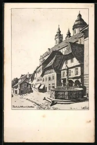 AK Melk a. d. Donau, Ortspartie mit Brunnen