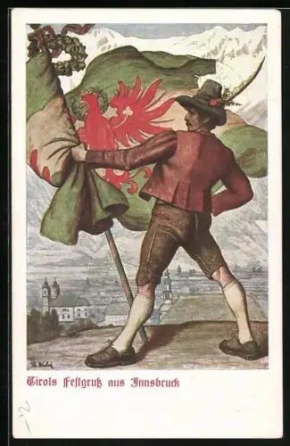 Künstler-AK Thomas Walch: Innsbruck, Tiroler Landes-Jahrhundertfeier 1909, Mann in Tracht mit Fahne