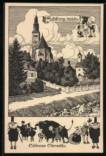 Künstler-AK Ulf Seidl: Salzburg, Kirche und Wappen, Salzburger Stierwäsche