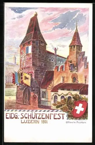 Lithographie Luzern, Eidg. Schützenfest 1901, Bannerturm und kleine Restauration
