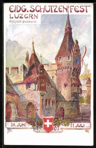 Lithographie Luzern, Eidgen. Schützenfest 1901, Zeitturm und grosse Festhalle