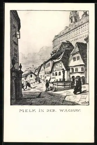 Künstler-AK Ulf Seidl: Melk an der Donau, Motiv aus der Stadt