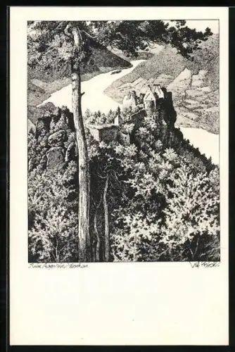Künstler-AK Ulf Seidl: Wachau, Ruine Aggstein