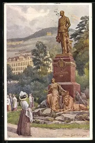 Künstler-AK Hans Götzinger: Karlsbad, Café Park Schönbrunn und Kaiser Franz Josef-Denkmal