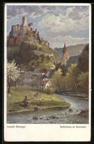 Künstler-AK Leopold Schweiger: Senftenberg im Kremstale, Ortspartie mit Angler