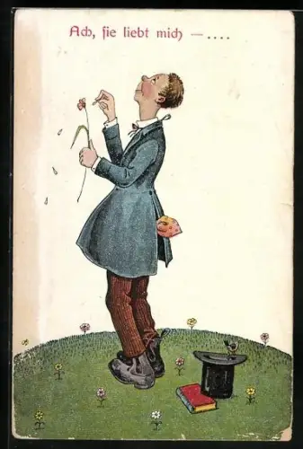 AK Ein Mann zupft Blütenblätter, Scherz