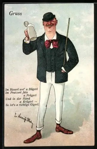 AK Im Hoser`l unt` a Bügerl..., bayrischer Zecher mit Bier