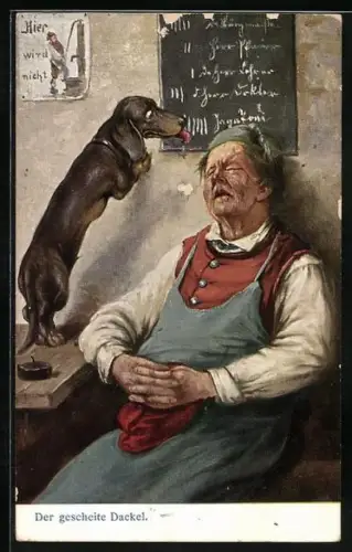 AK Der gescheite Dackel manipuliert die Tafel über einem schlafenden Mann