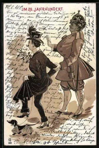 Lithographie Weiblicher Soldat hilft edlem Männchen, Emanzipation