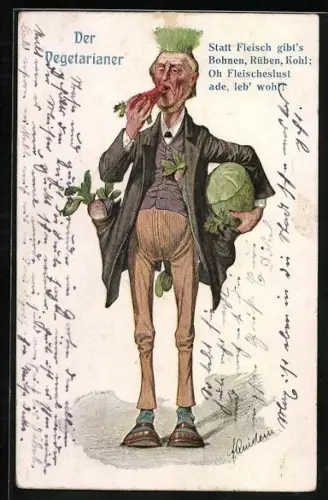 Künstler-AK Fritz Quidenus: Der Vegetarianer, Dürrer Mann mit Gemüse und Haaren aus Gras