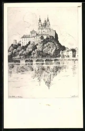 Künstler-AK Ulf Seidl: Melk, Stift mit Blick auf das Wasser