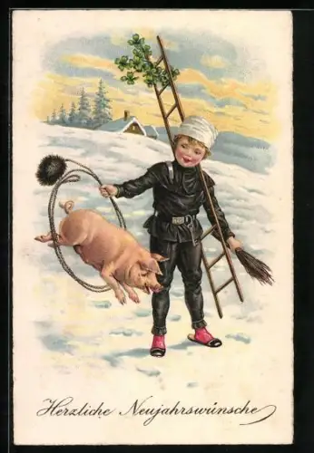 AK Schwein springt durch die Bürste eines Schornsteinfegers, Neujahr