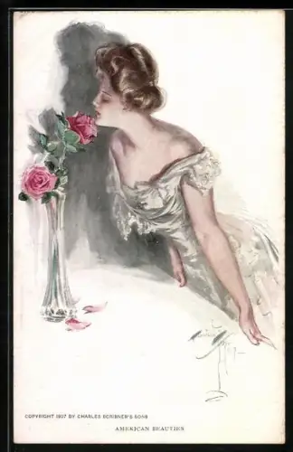 Künstler-AK Harrison Fisher: American Beauties, Junge Frau riecht an einer Rose