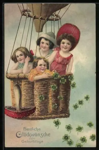AK Kinder im Korb eines Heissluftballons, Herzlichen Glückwunsch zum Geburtstage