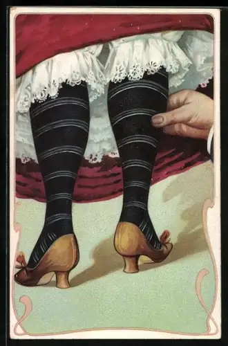 Lithographie Hand an der Wade einer Dame, Blick auf den Unterrock