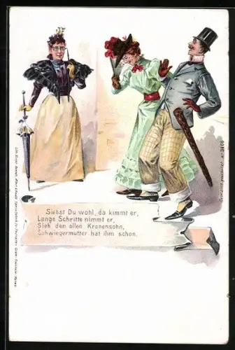 AK Herr und Dame bei der Schwiegermutter, frauenfeindlicher Humor