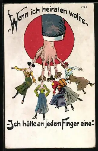 Künstler-AK Bruno Bürger & Ottillie Nr. 7395: Männerhand mit einer Frau an jedem Finger