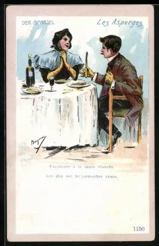 Lithographie begeisterte Frau mit jungem Mann und grünem Spargel, Erotik