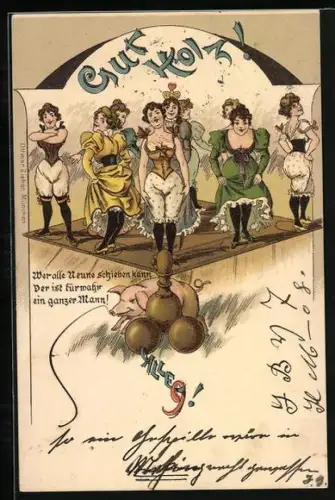 Lithographie Kegeln, Gut Holz, Mädchen im Unterrock als Kegel aufgestellt, Alle Neune