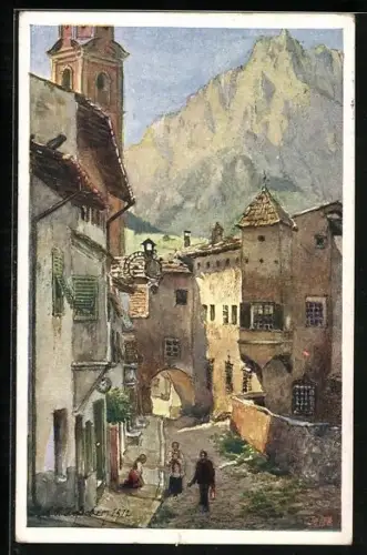 Künstler-AK Deutscher Schulverein NR 409, E. F. Hofecker: Kastelruth, Ortspartie mit Schlern