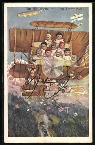 AK Zeppelin, Kinder in einem Flugzeug, Eisenbahn