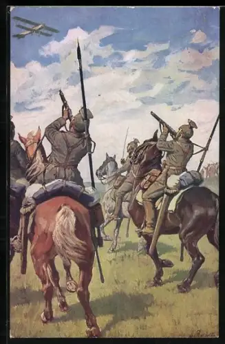 AK Ulanen zu Pferd beschiessen ein feindliches Flugzeug