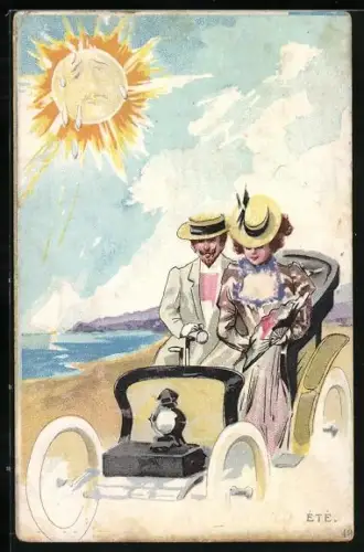 Lithographie Auto fährt in der Sommerhitze am Meer entlang