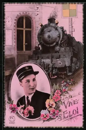 AK Dampflok und Eisenbahner, französische Eisenbahn