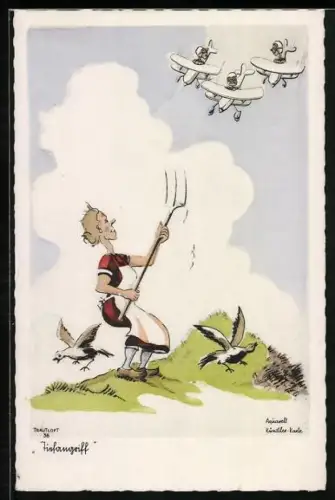 Künstler-AK Flieger-Humor, Frau mit einer drohenden Forke gen Himmel