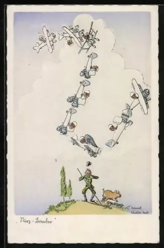 Künstler-AK Sturzbomber, Fliegerformation, Flieger-Humor