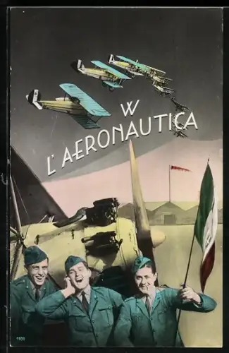 AK Flugzeuge in Formation, italienische Soldaten