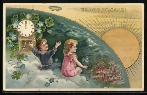AK Zeppelin mit Kindern und Uhr