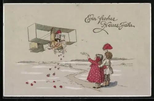 Künstler-AK Bube verteilt Rosenblätter mittels Flugzeugpropeller, Mädchen winken