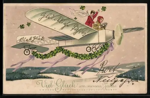 AK Bonne Année, Flugzeug mit Klee-Girlande