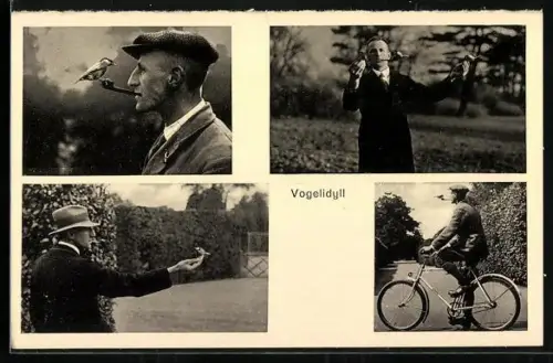 AK Mann mit Fahrrad, Pfeife und Vogel