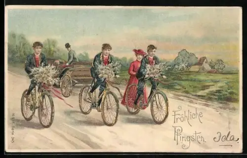 AK Knaben auf blumengeschmückten Fahrrädern