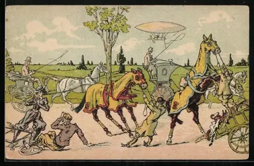 Künstler-AK Zeppelin über Kutschen und Fahrrädern