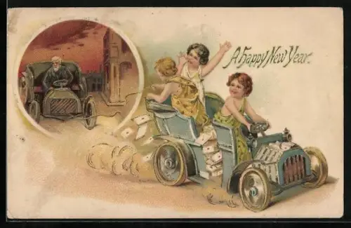 AK Drei Kinder fahren im Auto, am Seil ein Mann im Auto