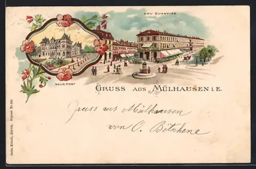 Lithographie Mülhausen i. E., Neu Quartier, Neue Post