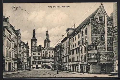 AK Liegnitz, Strasse Ring mit Wachtelkorb
