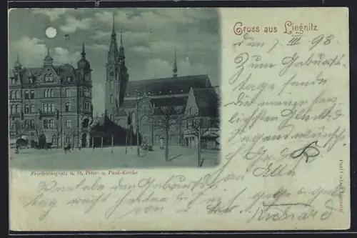 Mondschein-AK Liegnitz, Friedrichsplatz und St. Peter- und Paul-Kirche