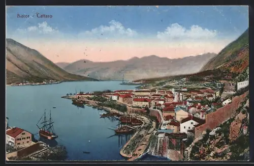 AK Kotor, Ortsansicht und Hafen aus der Vogelschau