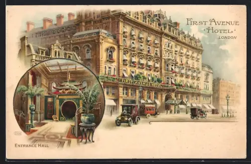 Lithographie London, First Avenue Hotel, Aussenansicht und Eingang / Entrance Hall