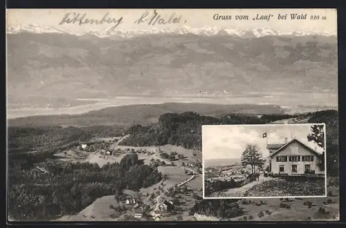 AK Wald / Zürich, Gasthaus z. Lauf mit Schweizer Flagge, Teilansicht