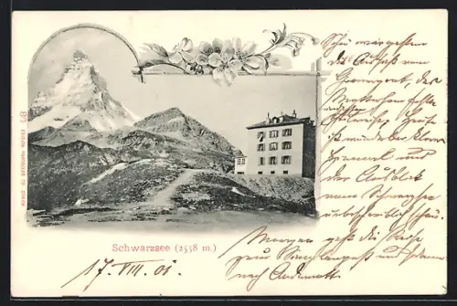 AK Schwarzsee, Ortsansicht mit Berggipfel