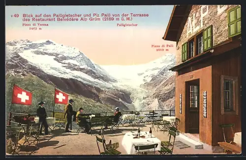 AK Alp Grüm, Blick auf den Palügletscher und Piz Palü von der Terrasse des Restaurant Belvedere