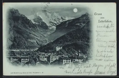 Mondschein-AK Interlaken, Ortsansicht aus der Vogelschau